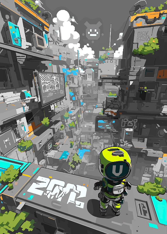 Cyberpunk Cityscape with Robot Character