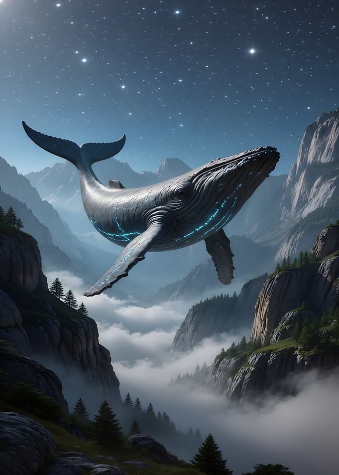 Futuristic Whale Flying Over Mountains