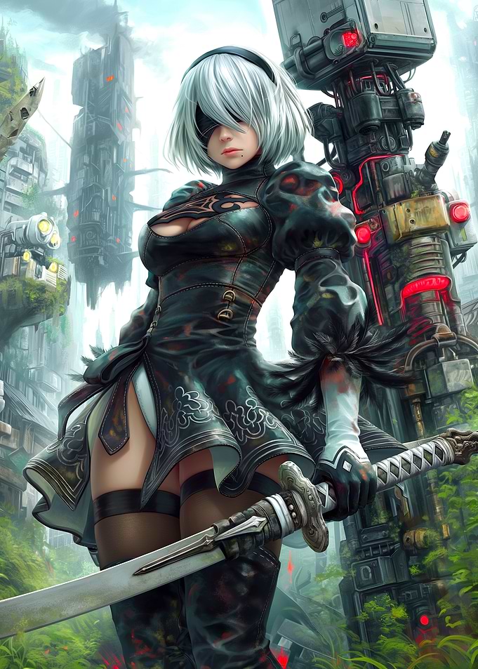 2B in a futuristic cityscape
