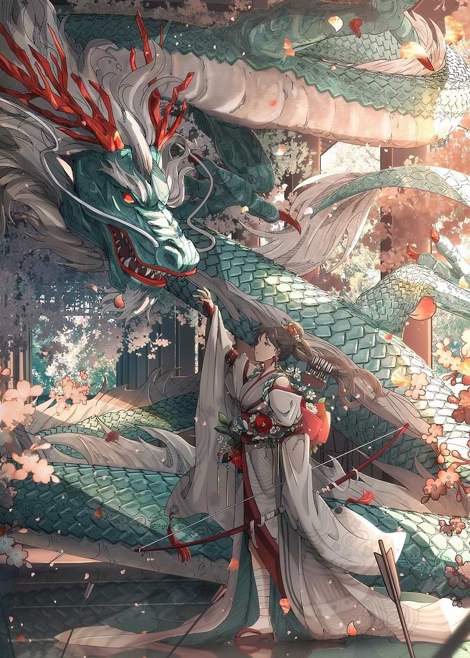 Dragon and Archer in Japanese Garden