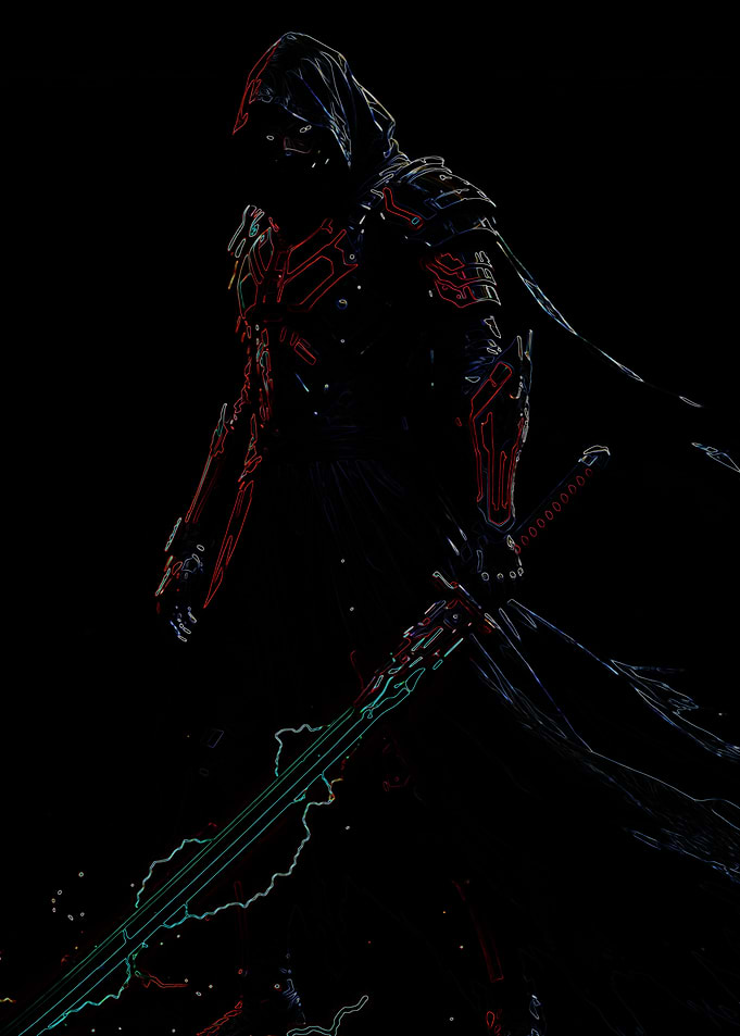 Dark hooded figure with sword