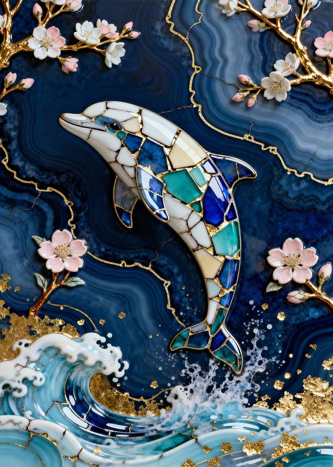 Mosaic Dolphin with Cherry Blossoms