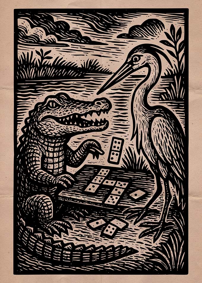 Alligator and Heron Playing Dominoes