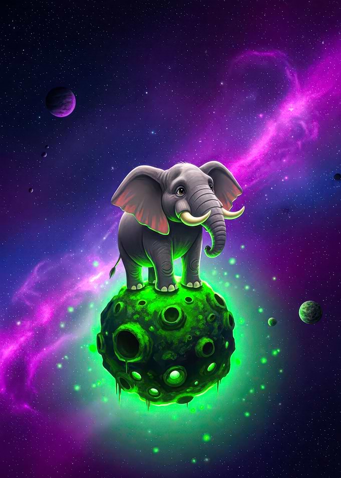 Elephant on Glowing Green Planet in Space