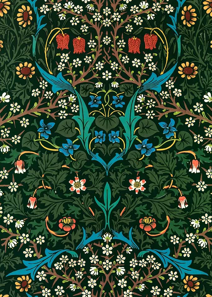 Floral Pattern with Dark Green Background, william morris art