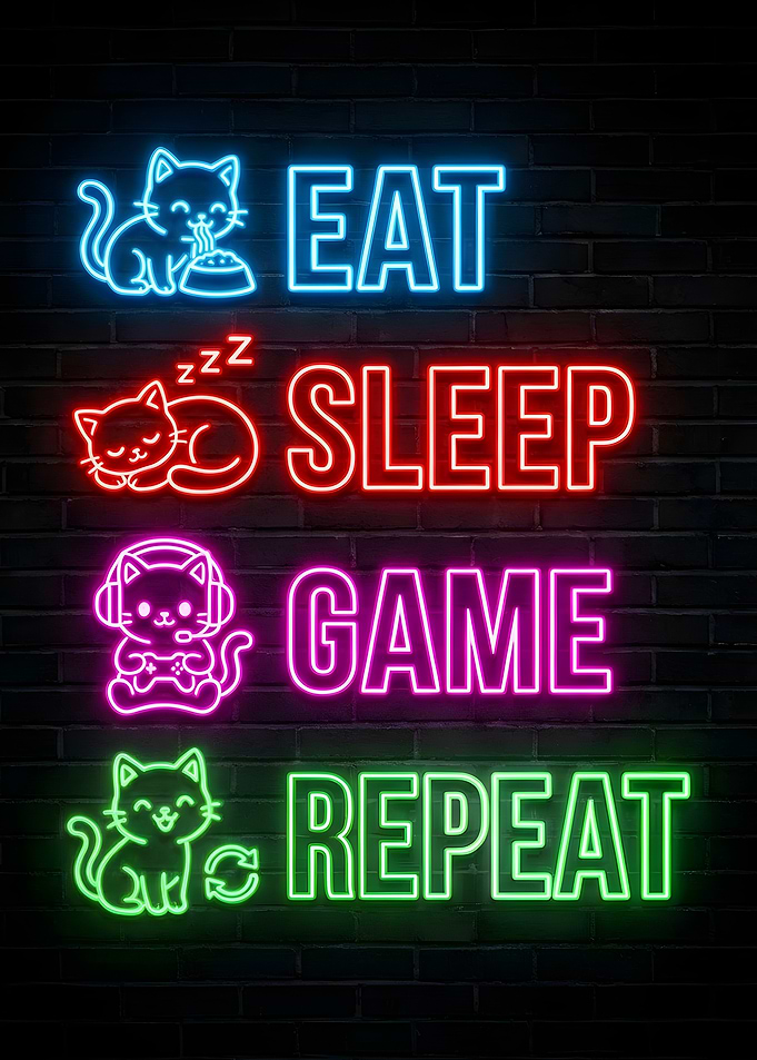 Eat Sleep Game Repeat Neon Cats