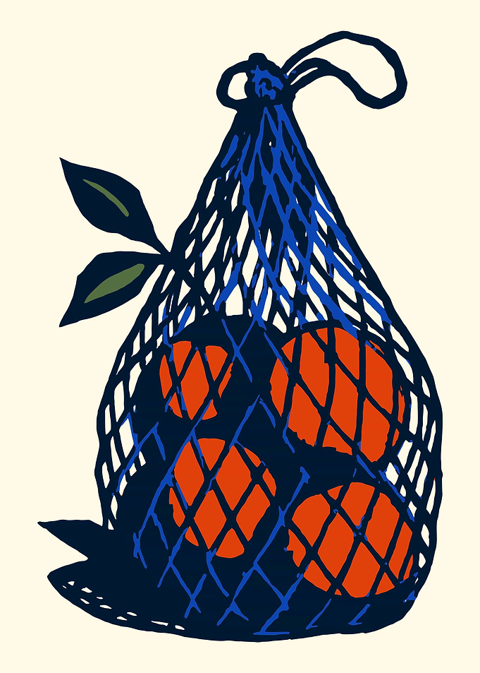 Oranges in a blue net bag