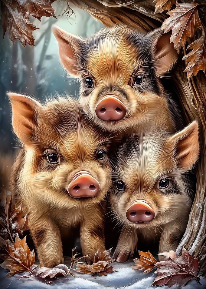 Wild boar Piglets in Winter Scene