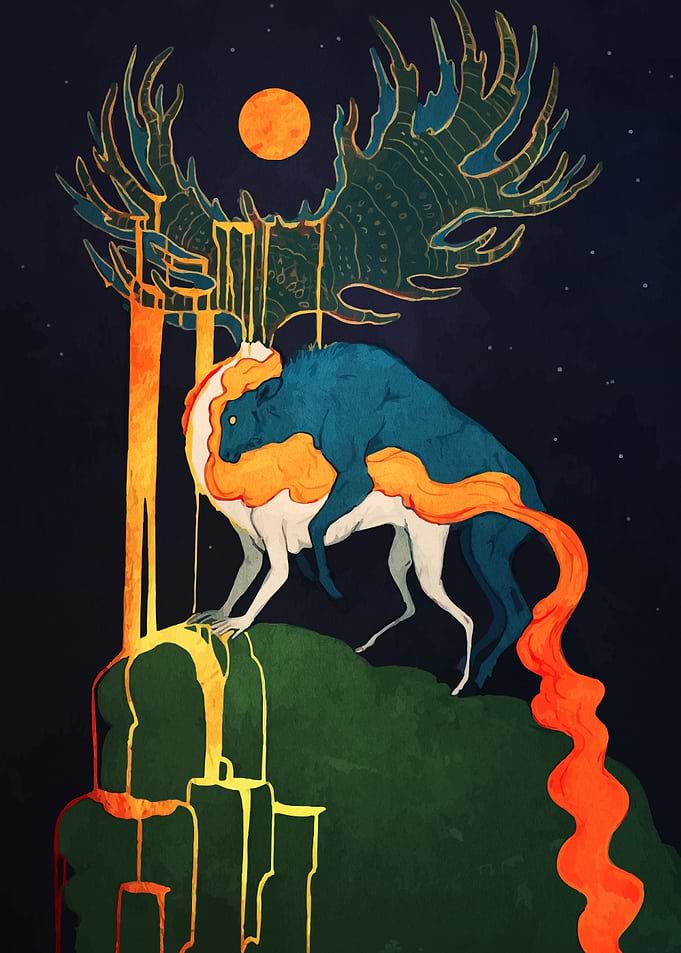 Surreal Animalistic Landscape with Moon