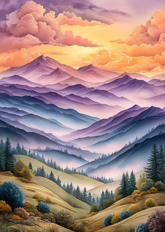 Watercolor Mountain Landscape at Sunset