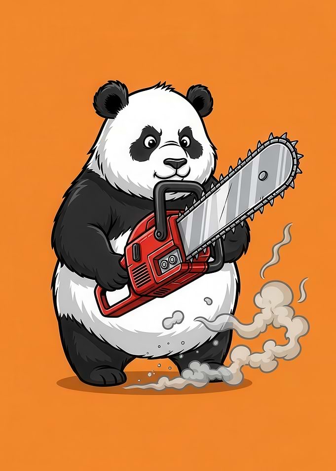 Panda with Chainsaw Cartoon Illustration