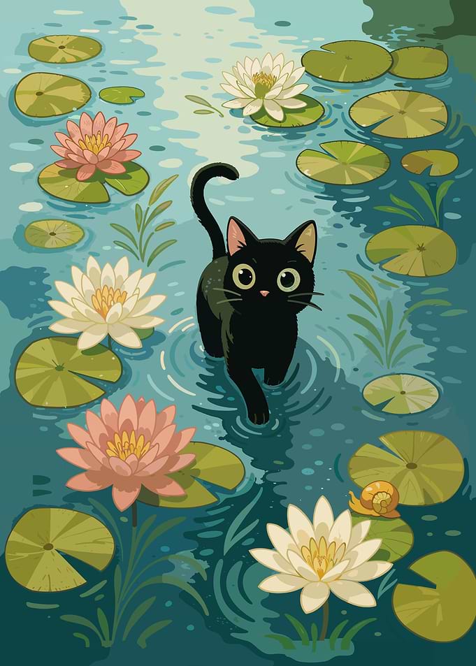 Black Cat in Lily Pond Illustration