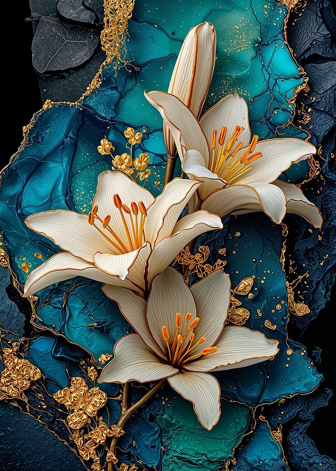 Teal and Gold Lilies Flower