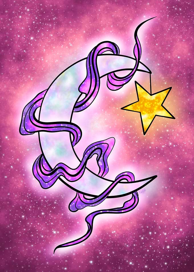 Crescent Moon and Star in Space