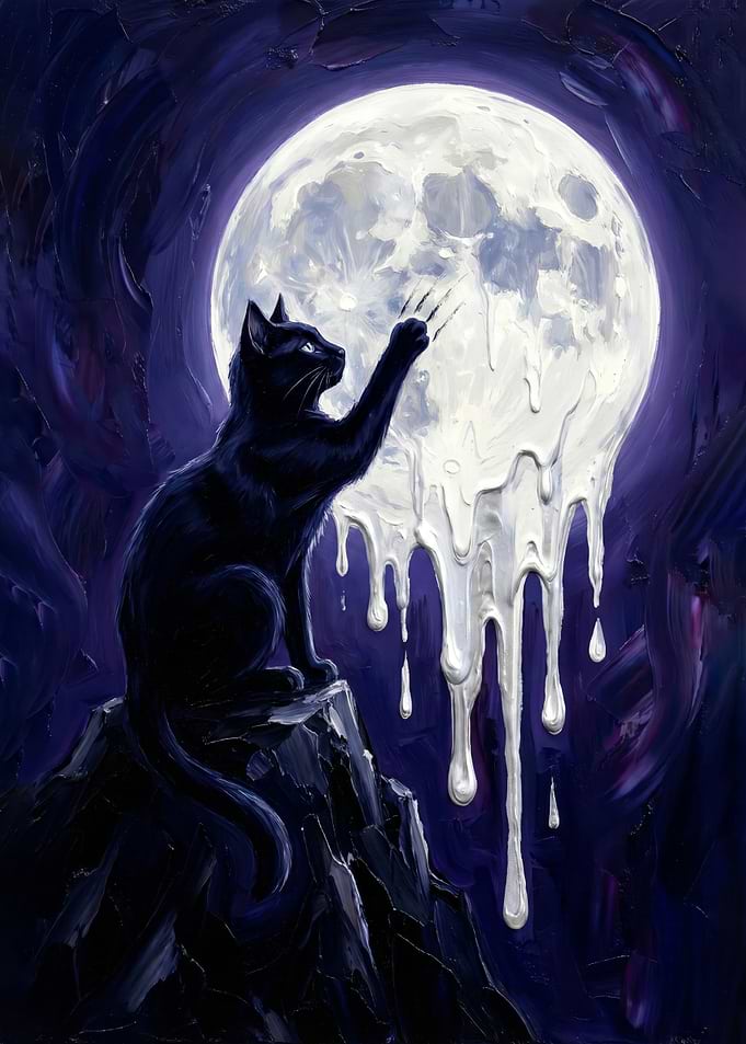 Black Cat Scratching Melting Moon Painting