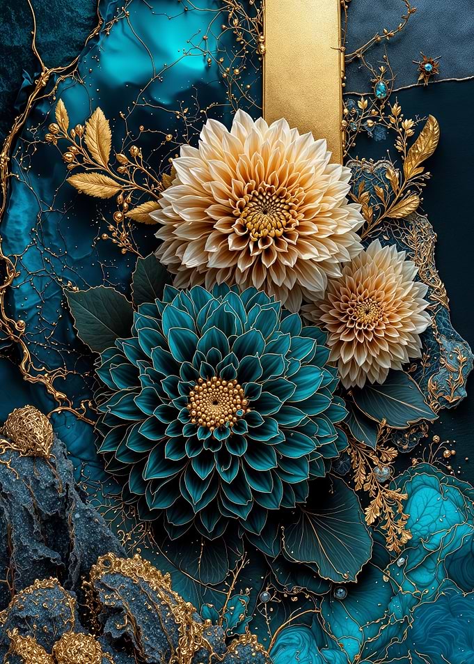 Teal Gold Dahlias Flower