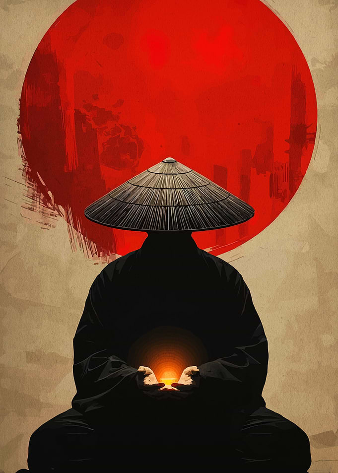 Meditating Monk with Rising Sun