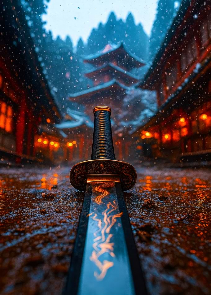 Katana in Snowy Japanese Village