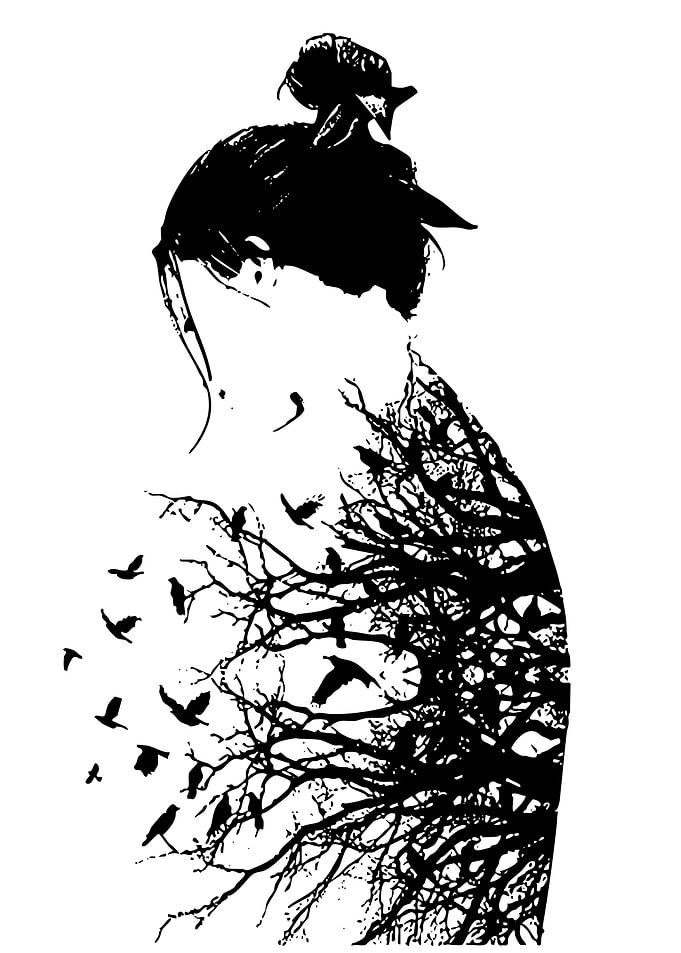 Woman Silhouette with Tree and Birds