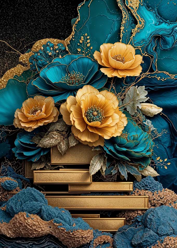 Teal Gold Marigold Flower
