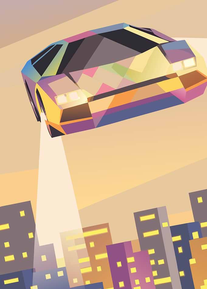 Low Poly Flying Car Over City