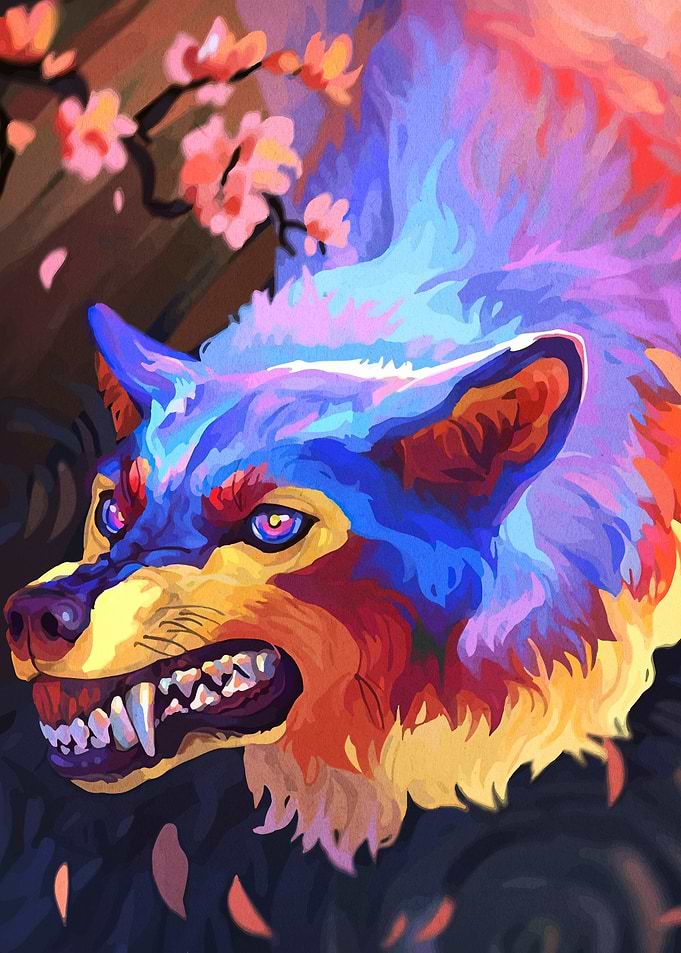 Colorful Angry Wolf with Cherry Blossoms