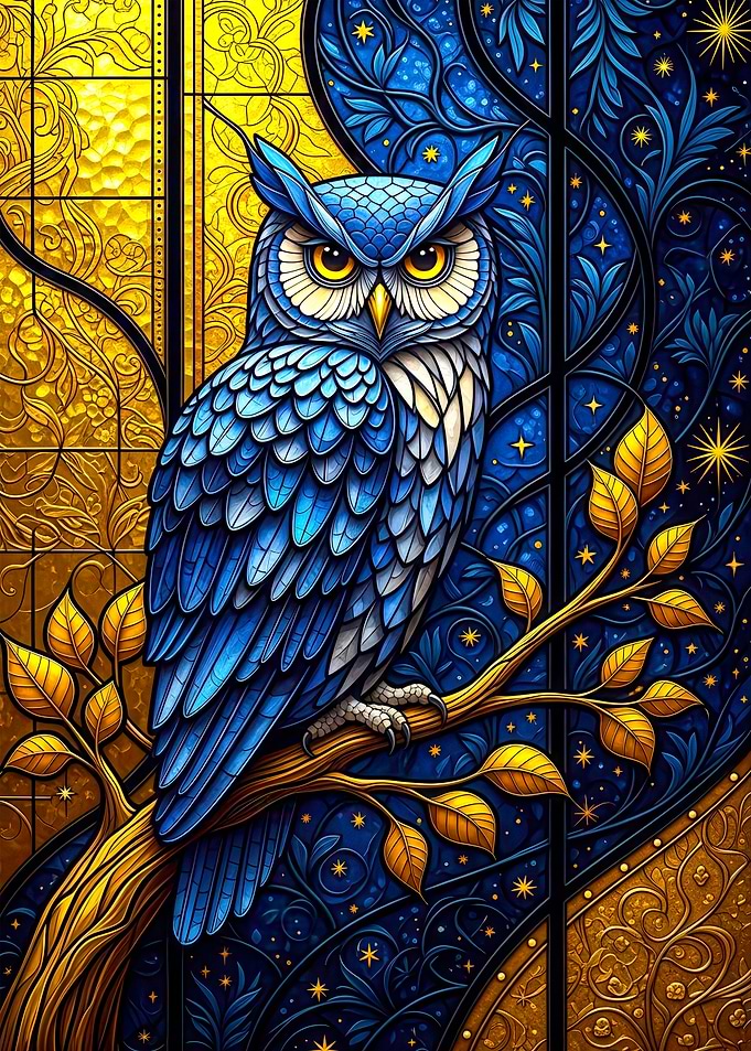 Blue Owl Stained Glass Style Art
