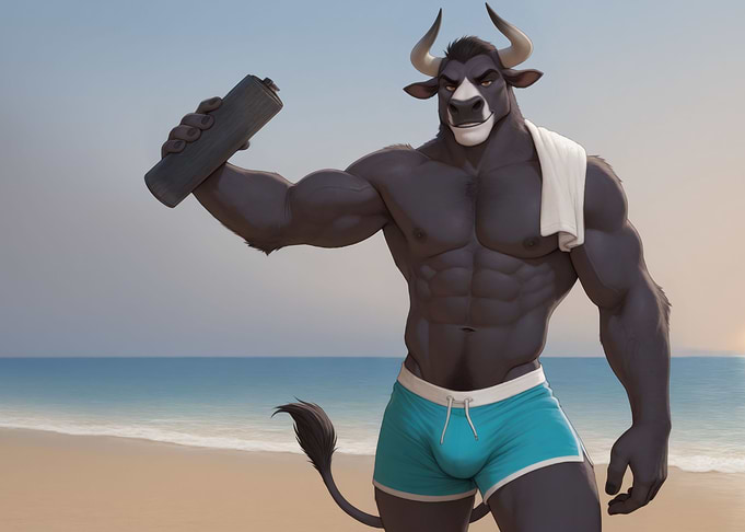 Muscular Anthro Bull at the Beach