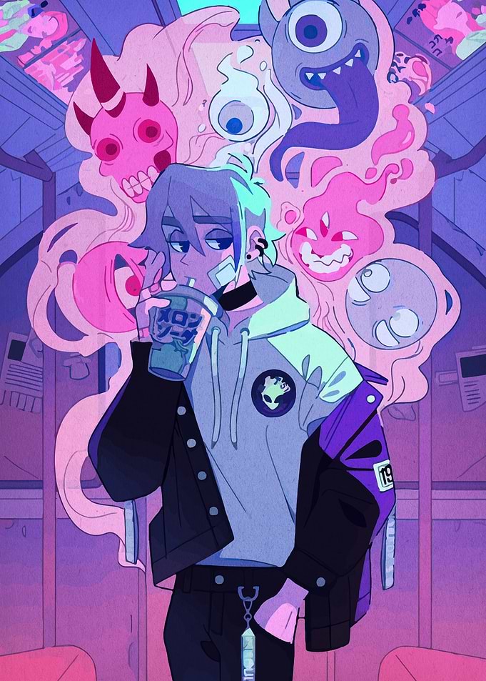 Anime Boy with Spirits and Drink