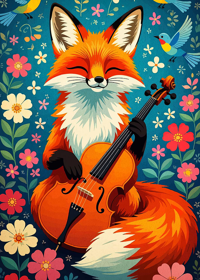 Fox playing cello in floral garden