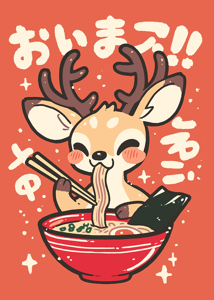 Cute Deer Eating Ramen Illustration