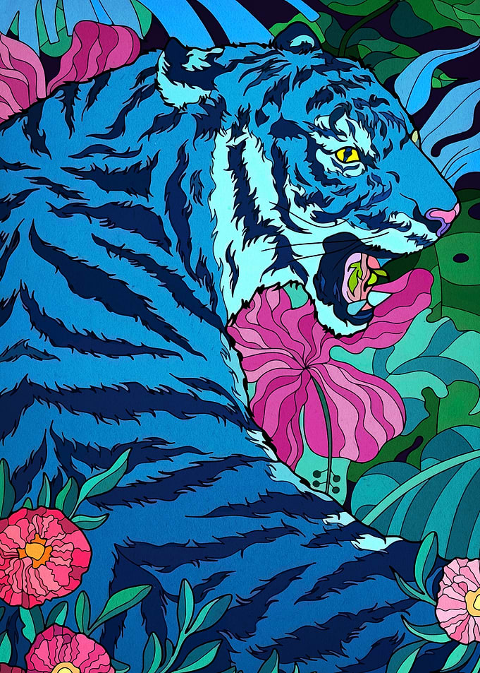 Blue Tiger Floral Illustration