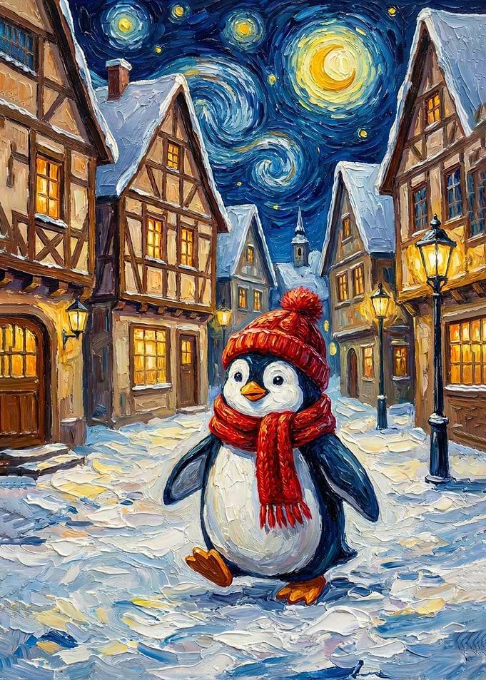 Penguin in Winter Village Painting