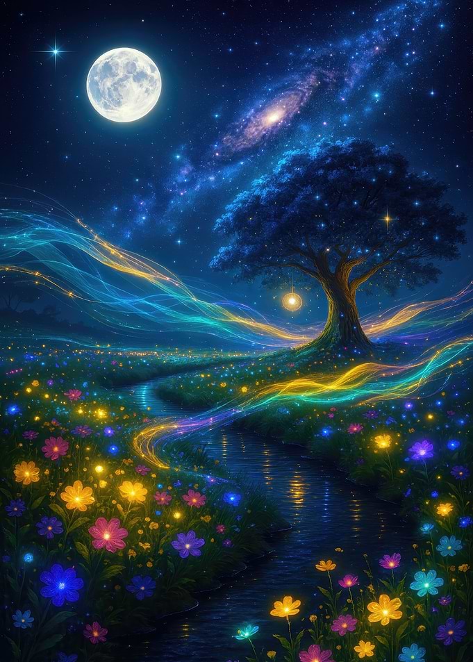 Magical Night Landscape with Tree and Moon