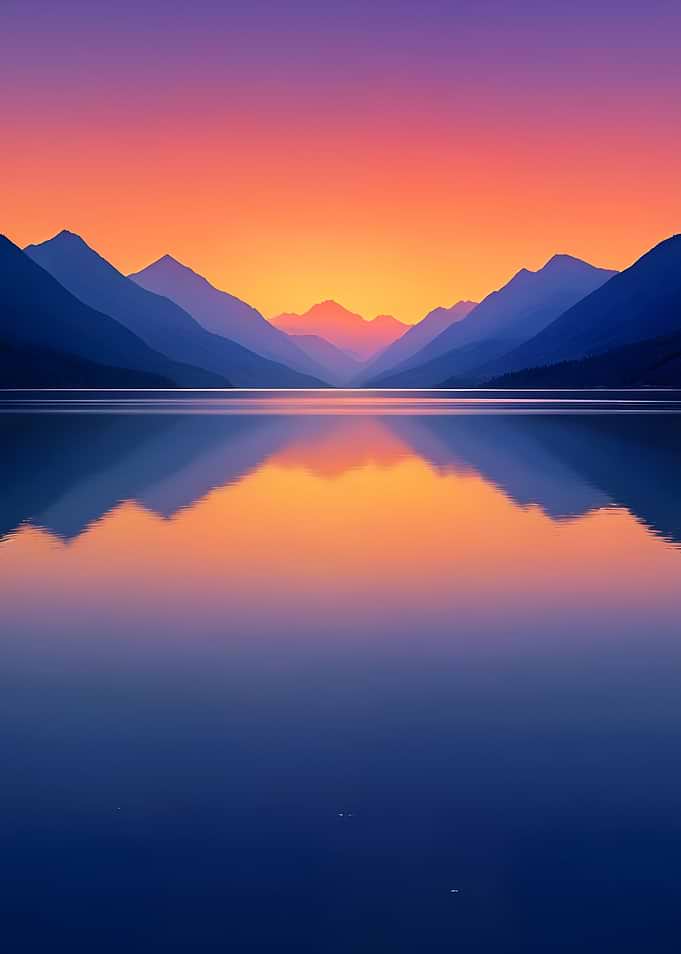 Serene Sunset Mountain Reflection Landscape Art – Minimal Calm Lake Scenery