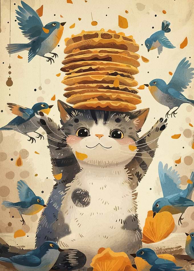 Cat with Waffles and Bluebirds