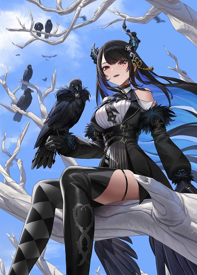 Anime Girl with Raven on Branch