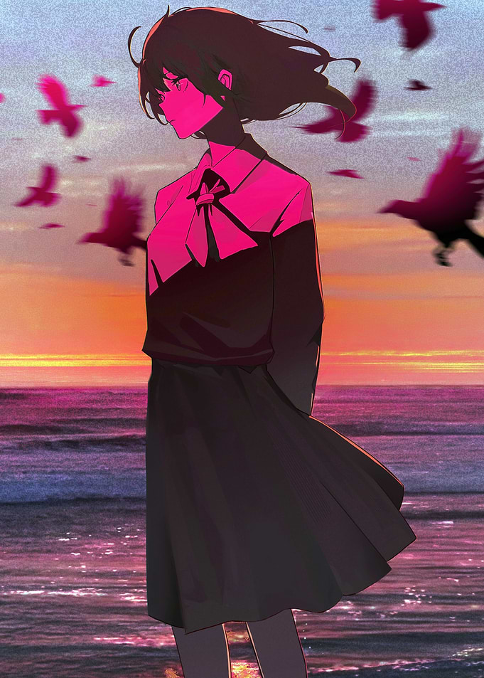 Anime Girl at Sunset with Birds