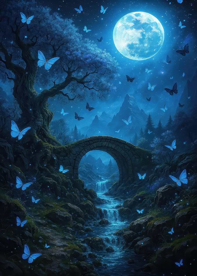Blue Butterfly Moonlight Bridge Landscape