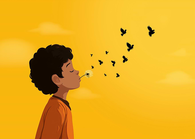 Boy Blowing Dandelion Seeds to Birds