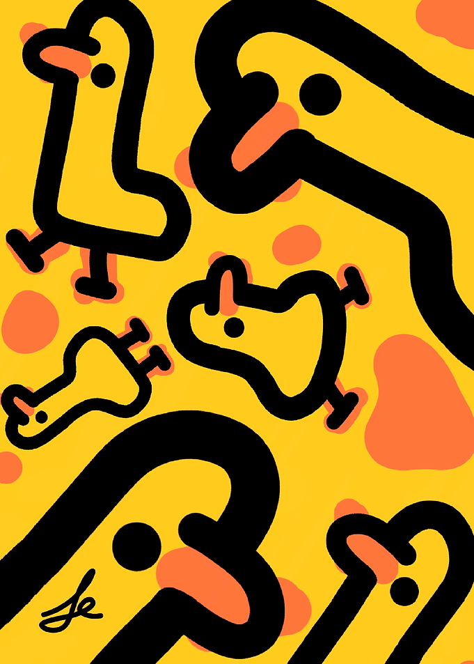 Cartoon Ducks on Yellow Background