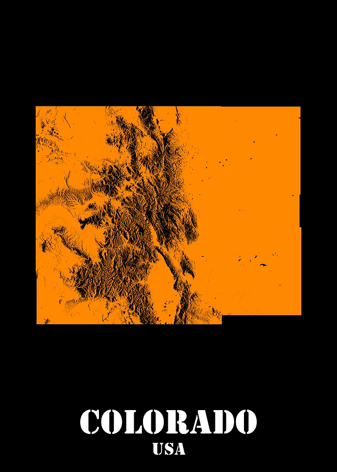 Colorado USA State Minimalist Black Orange Topographic Contour Relief Map featuring terrain in orange color