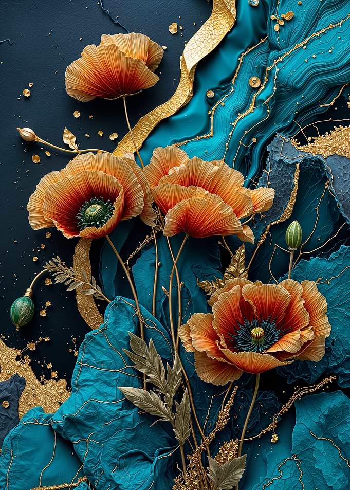 Teal Gold Poppies Flower