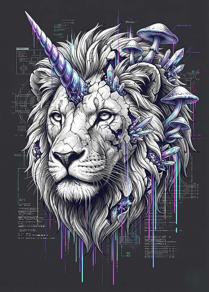 Lion Unicorn with Crystals and Mushrooms