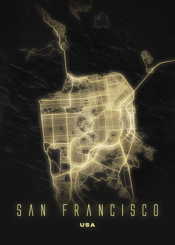 Illuminated San Francisco, USA - Night City Map Poster, Modern Wall Art