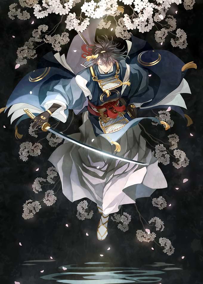 Samurai with Sword and Cherry Blossoms