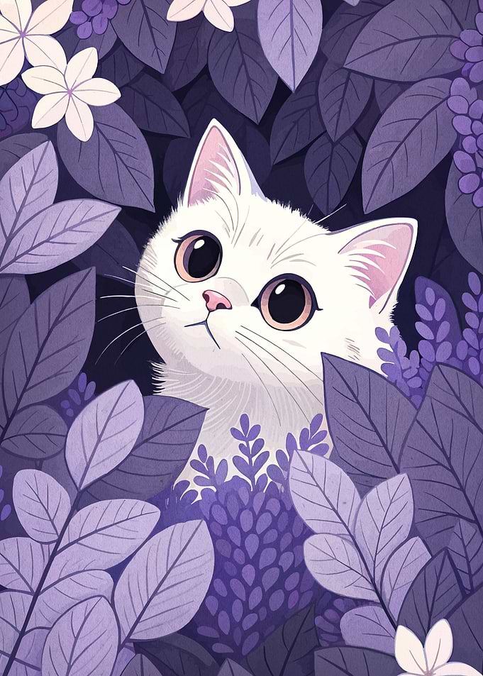 White Cat in Purple Foliage