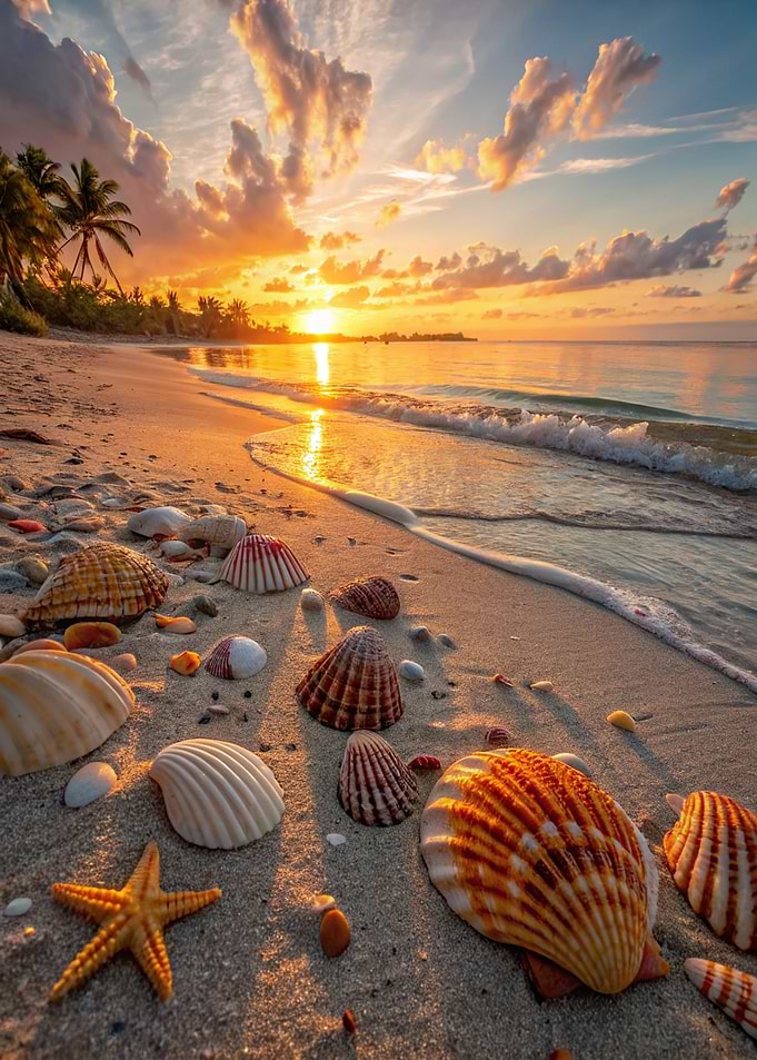 Sandy Sea Beach by Sunset with Seashells