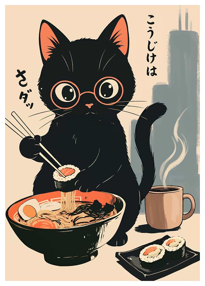 Cat eating ramen and sushi