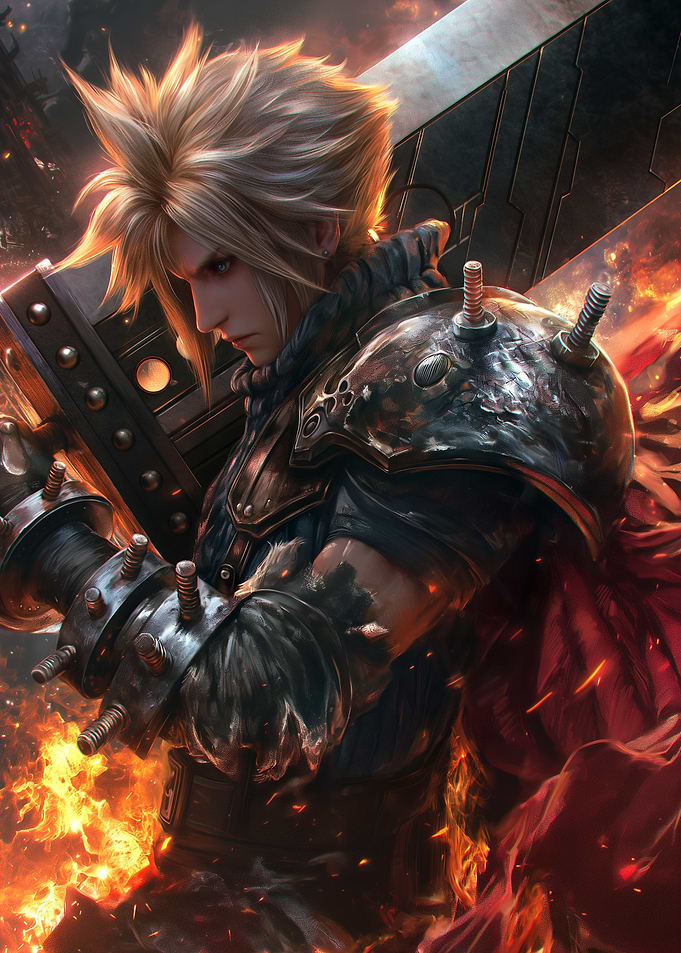 Cloud Strife in Fiery Battle